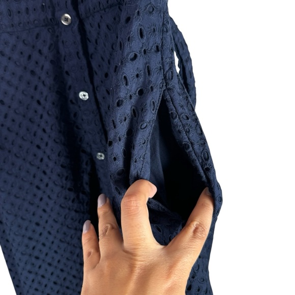 Boden Navy Eyelet Midi Dress Size 8 Long Button Front Sleeveless Cotton Office - Picture 6 of 9